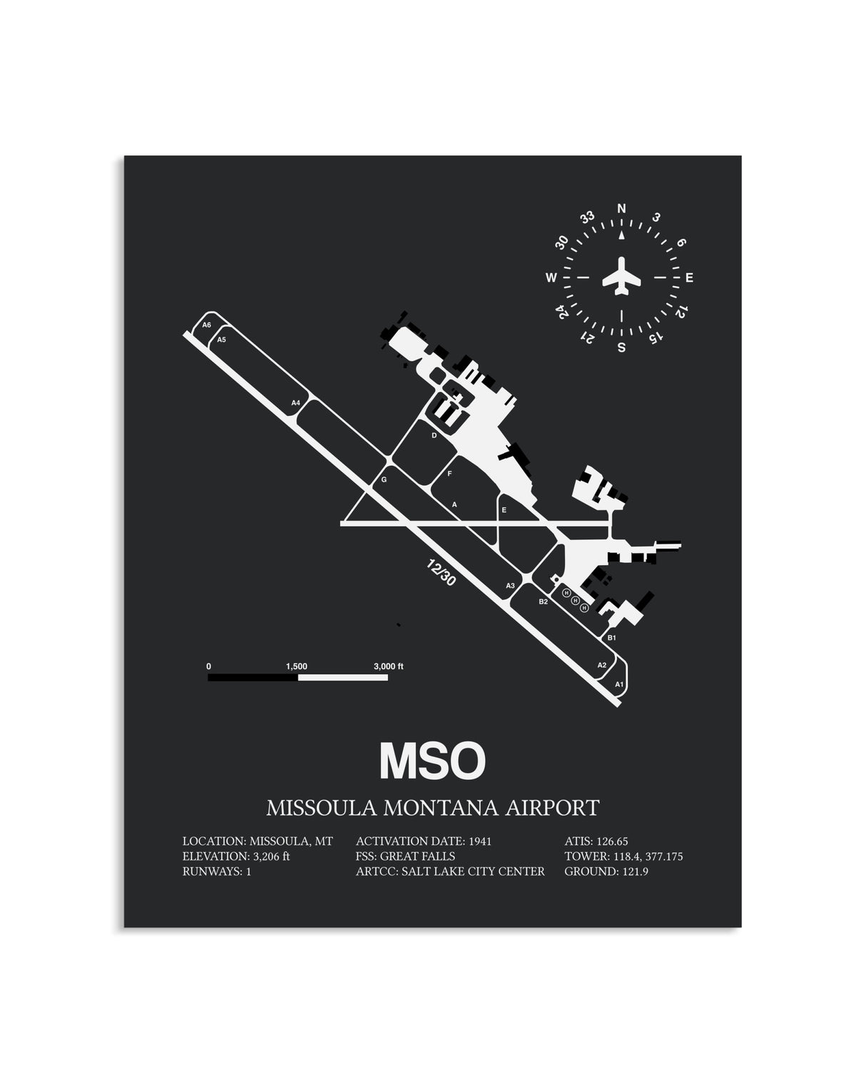 Gray Framed Missoula Montana Airport layout wall art poster