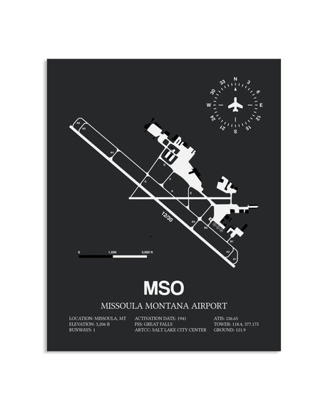 Gray Framed Missoula Montana Airport layout wall art poster