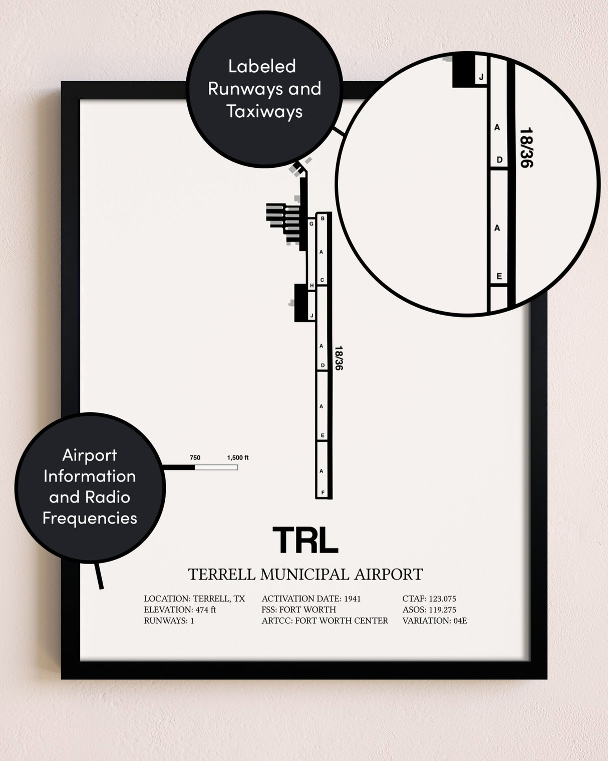 Framed Terrell Municipal Airport layout wall art poster