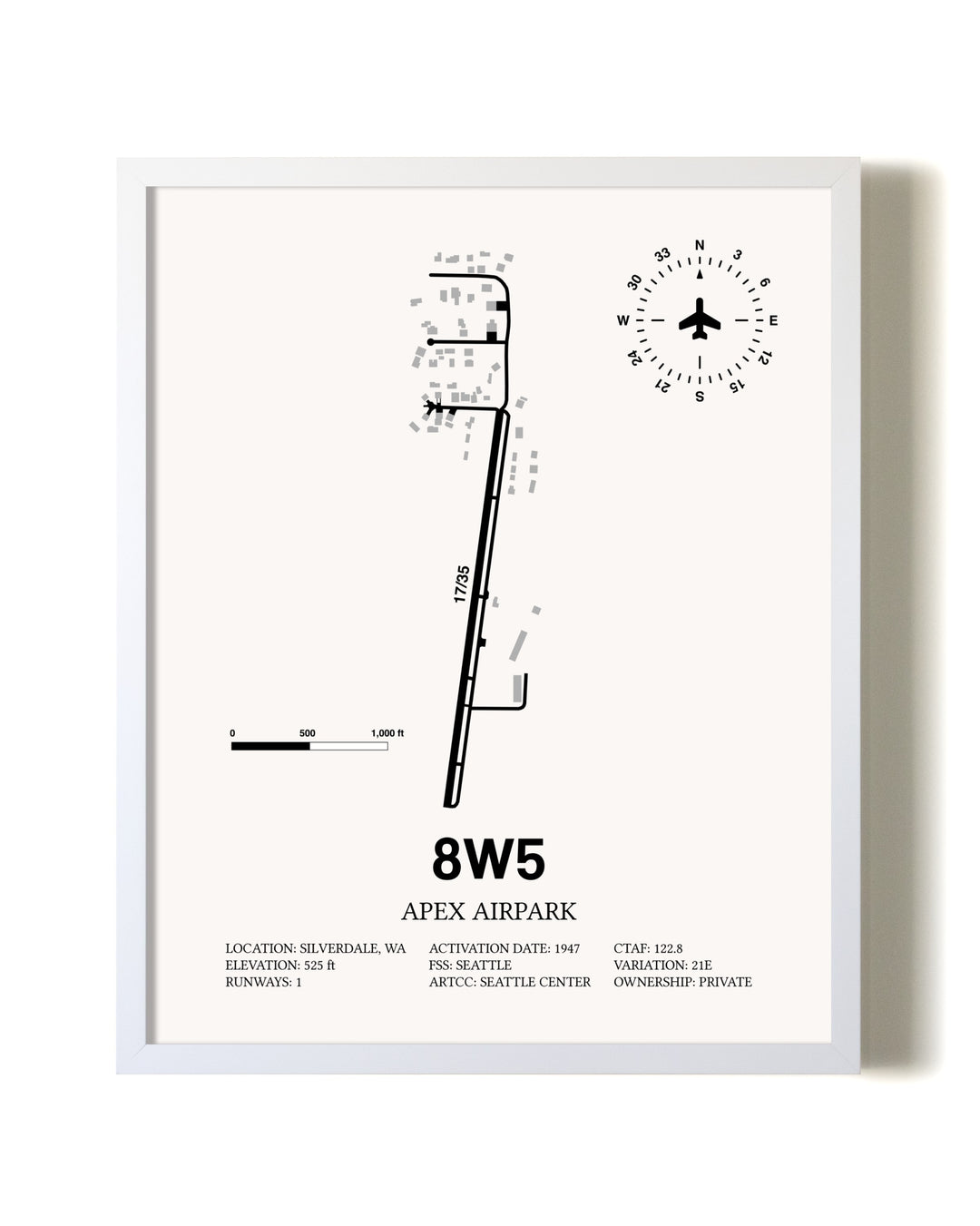 Apex Airpark airport map poster in oak frame