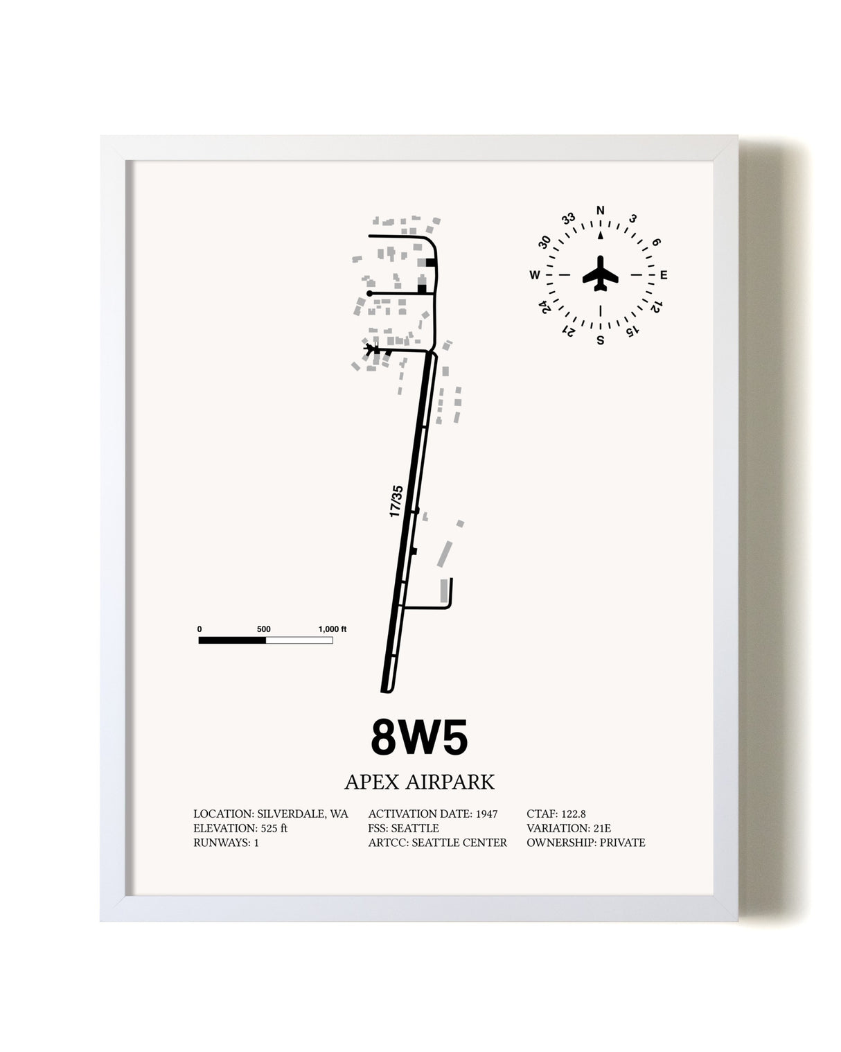 Apex Airpark airport map poster in oak frame