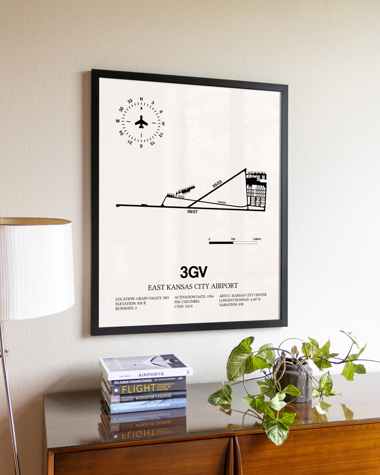East Kansas City Airport aviation wall décor in black wood frame