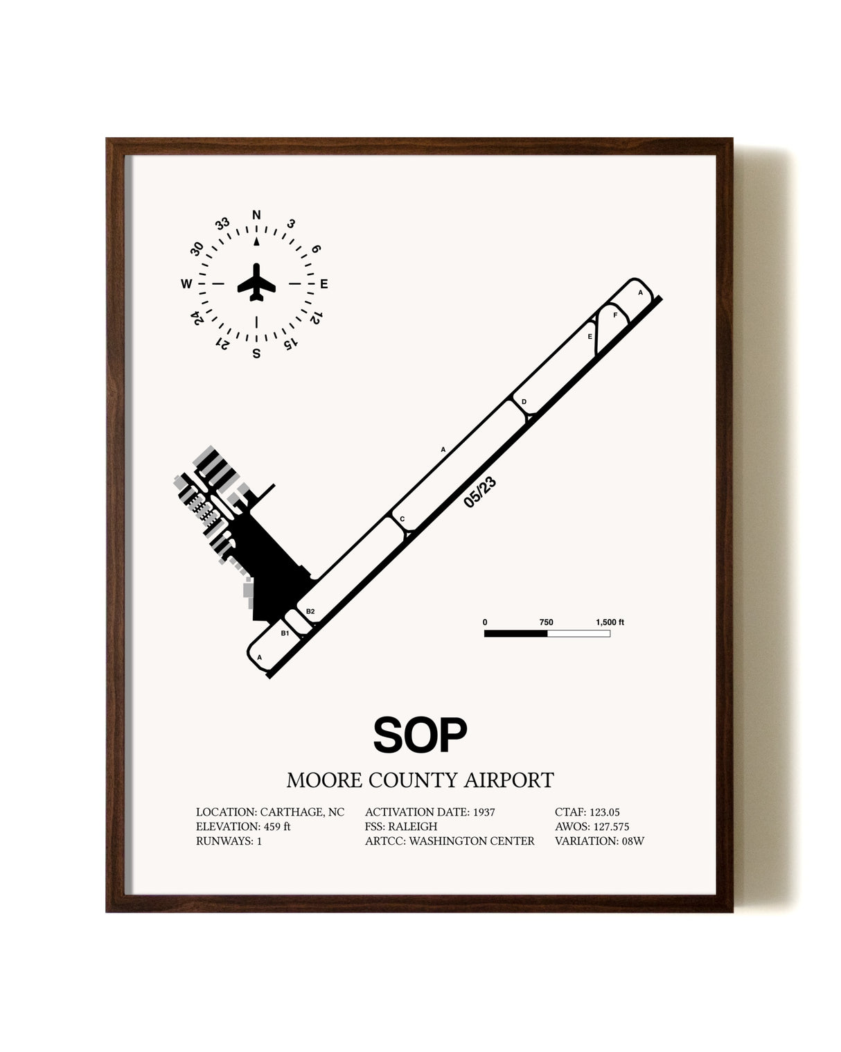 Moore County Airport aviation print in walnut frame