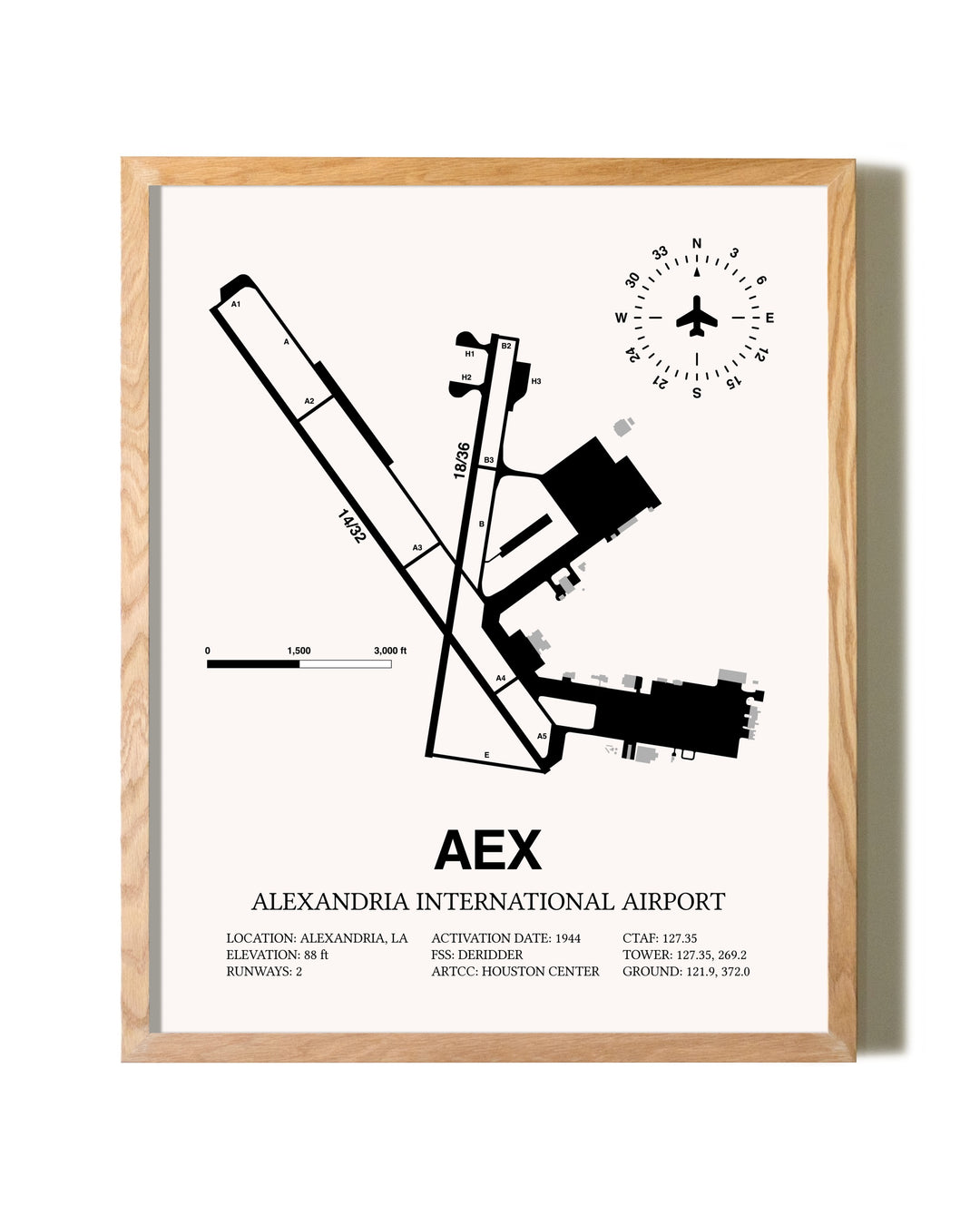 Alexandria International Airport framed print in natural wood frame