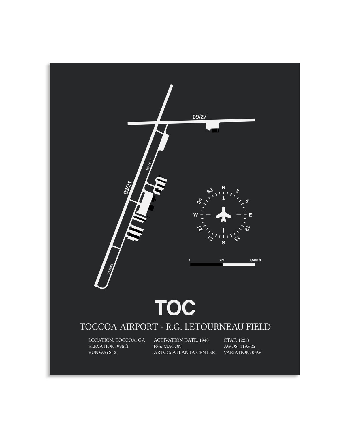 Gray Framed Toccoa Airport - R.G. Letourneau Field layout wall art poster