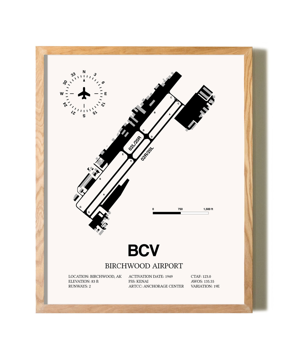 Birchwood Airport framed print in natural wood frame