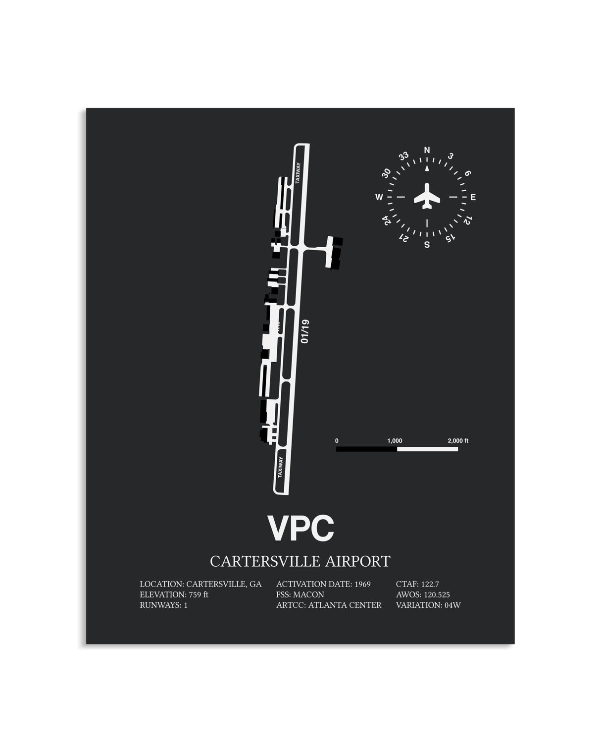 Gray Framed Cartersville Airport layout wall art poster