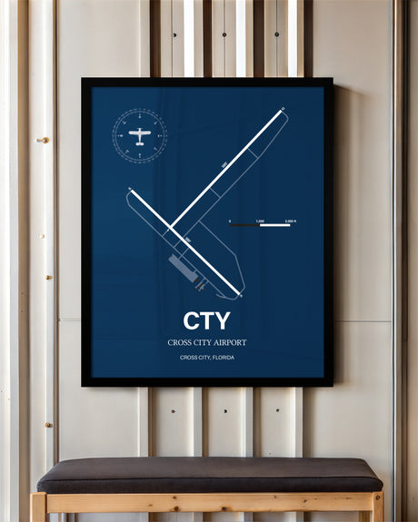 Cross City Airport framed poster displayed in an airplane hangar