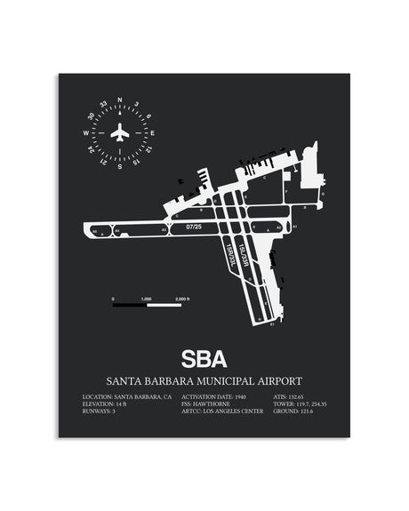 Gray Framed Santa Barbara Municipal Airport layout wall art poster