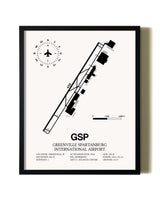 Framed Greenville Spartanburg International Airport wall art poster in black frame