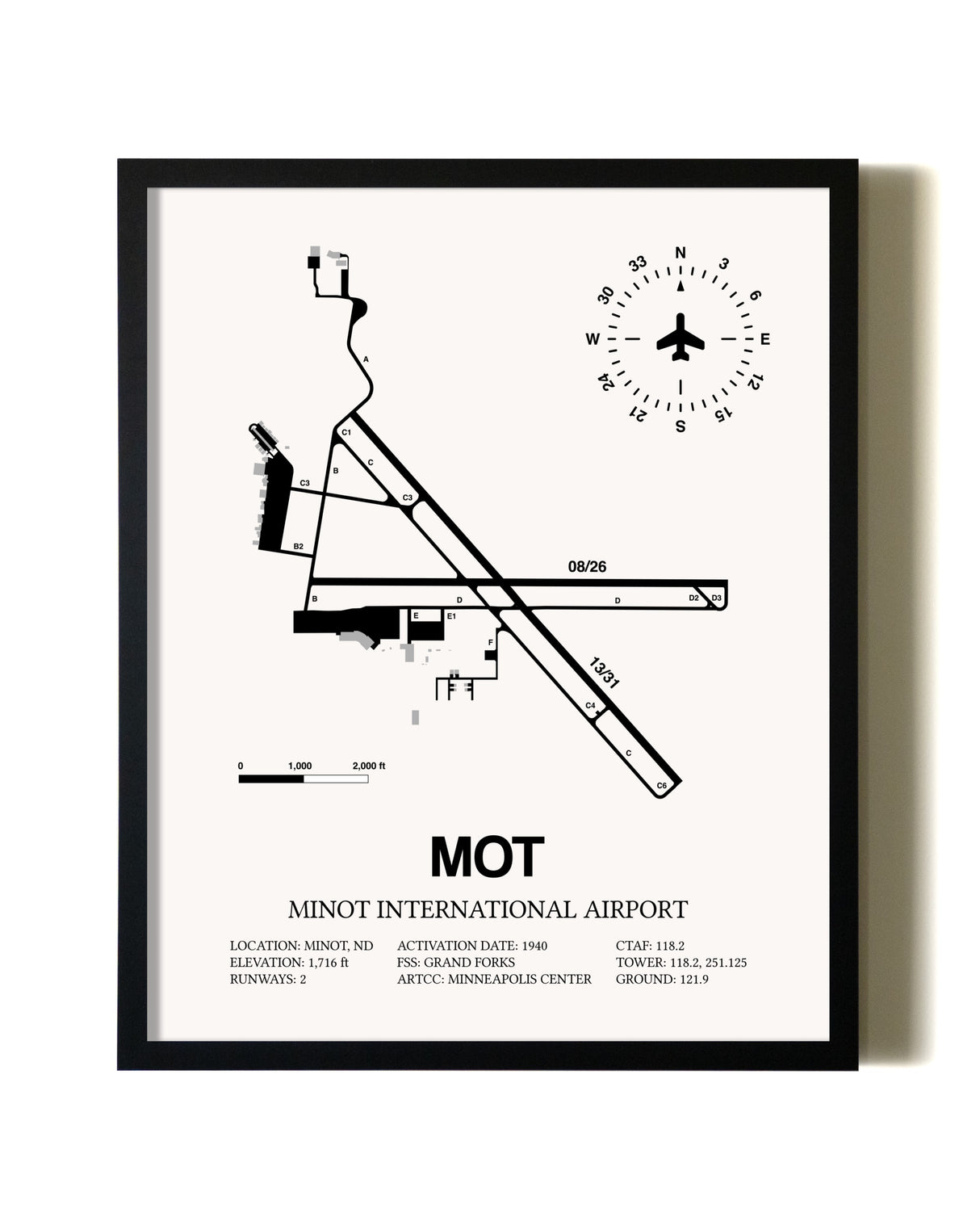 Framed Minot International Airport wall art poster in black frame