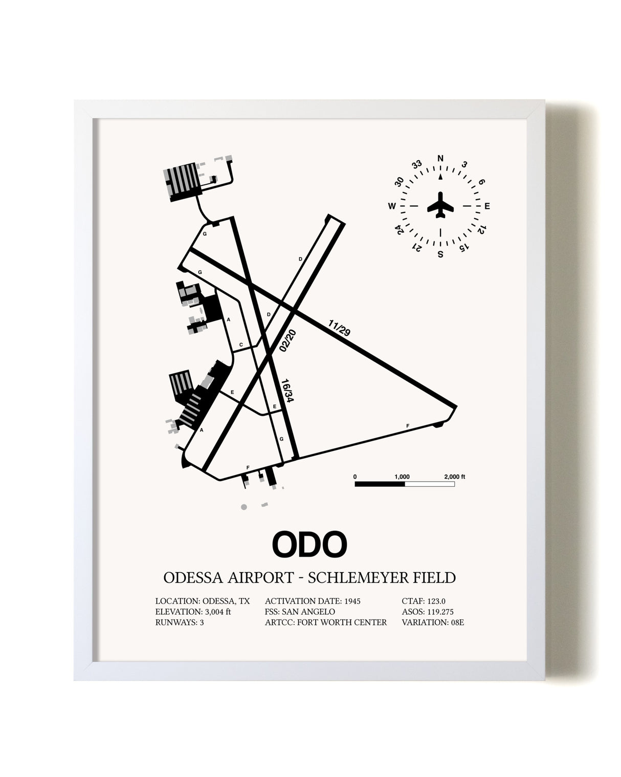 Odessa Airport-Schlemeyer Field airport map poster in oak frame