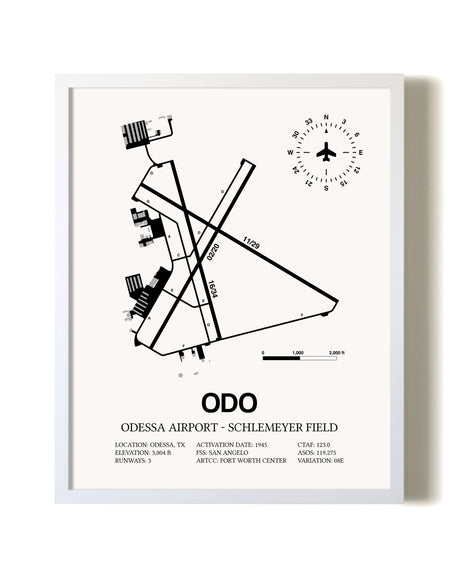 Odessa Airport-Schlemeyer Field airport map poster in oak frame