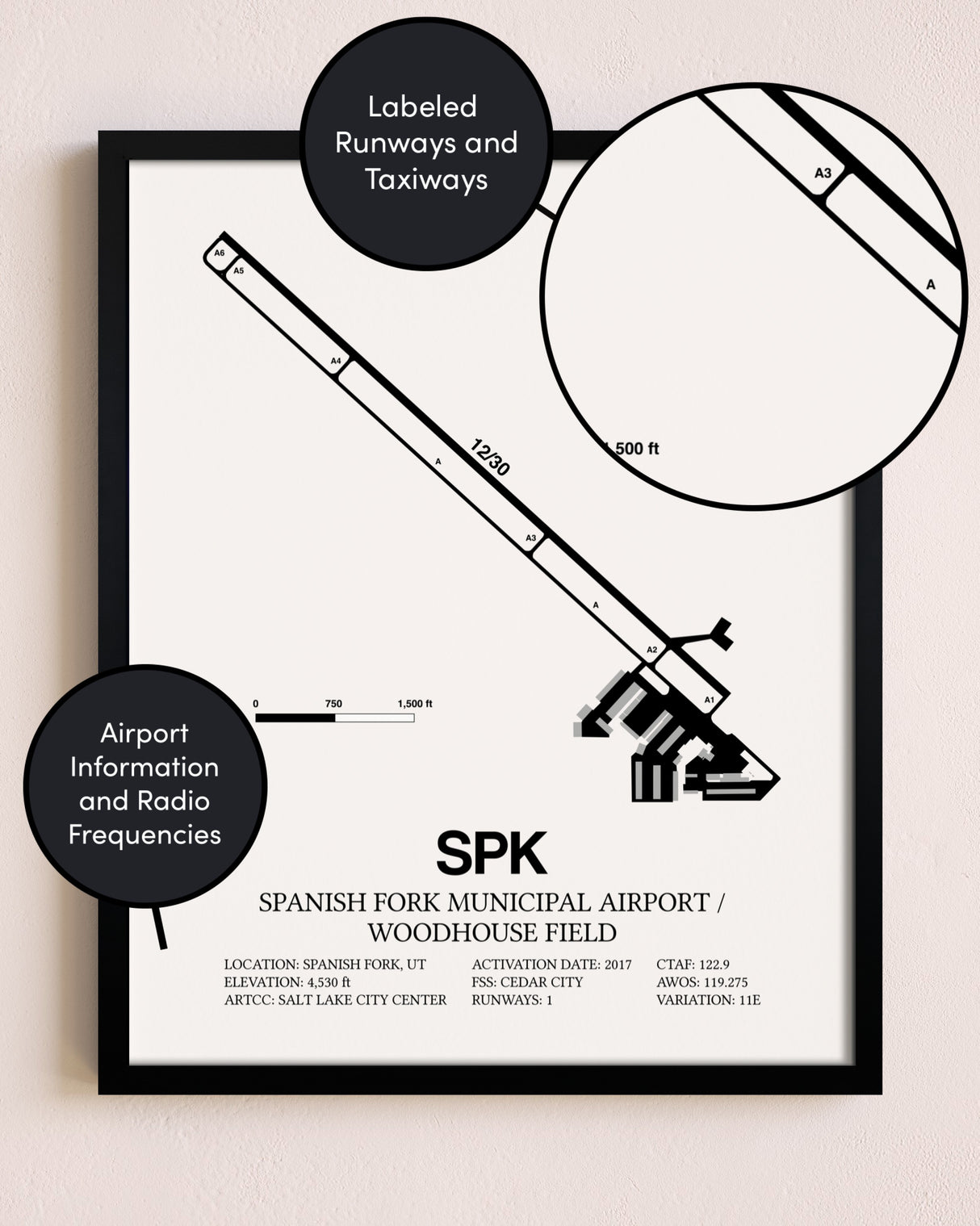 Framed Spanish Fork Municipal Airport / Woodhouse Field layout wall art poster