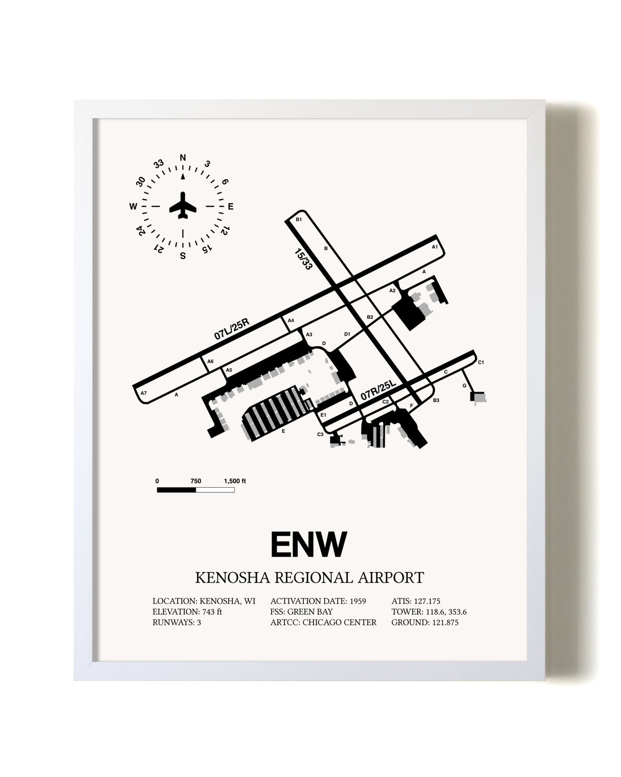 Kenosha Regional Airport airport map poster in oak frame