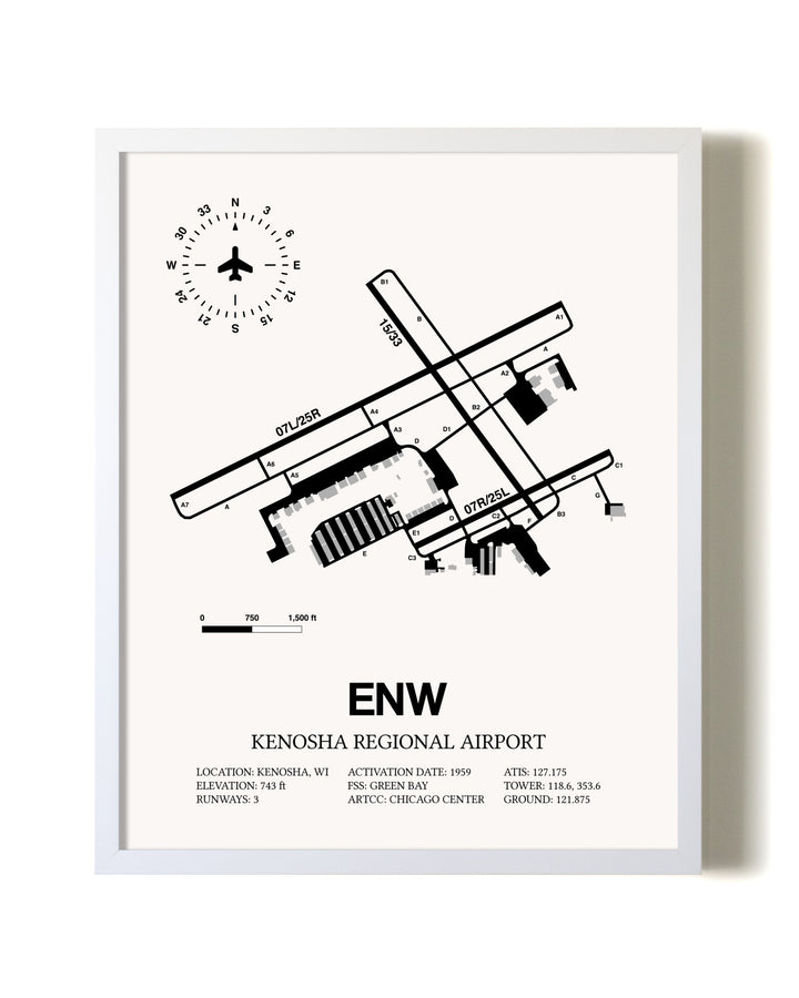 Kenosha Regional Airport airport map poster in oak frame