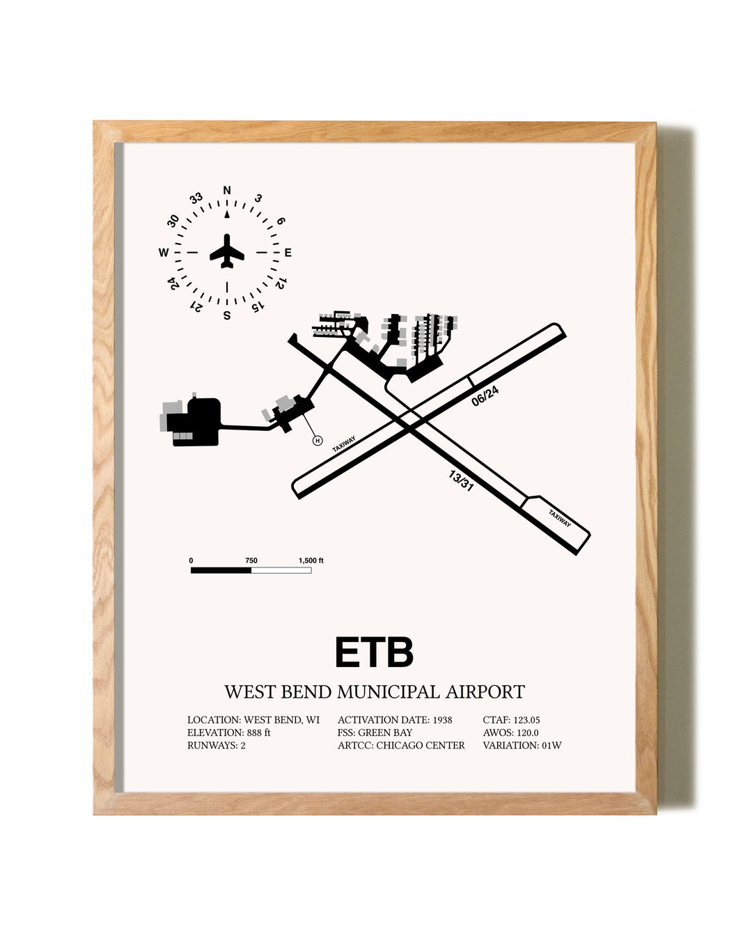 West Bend Municipal Airport framed print in natural wood frame