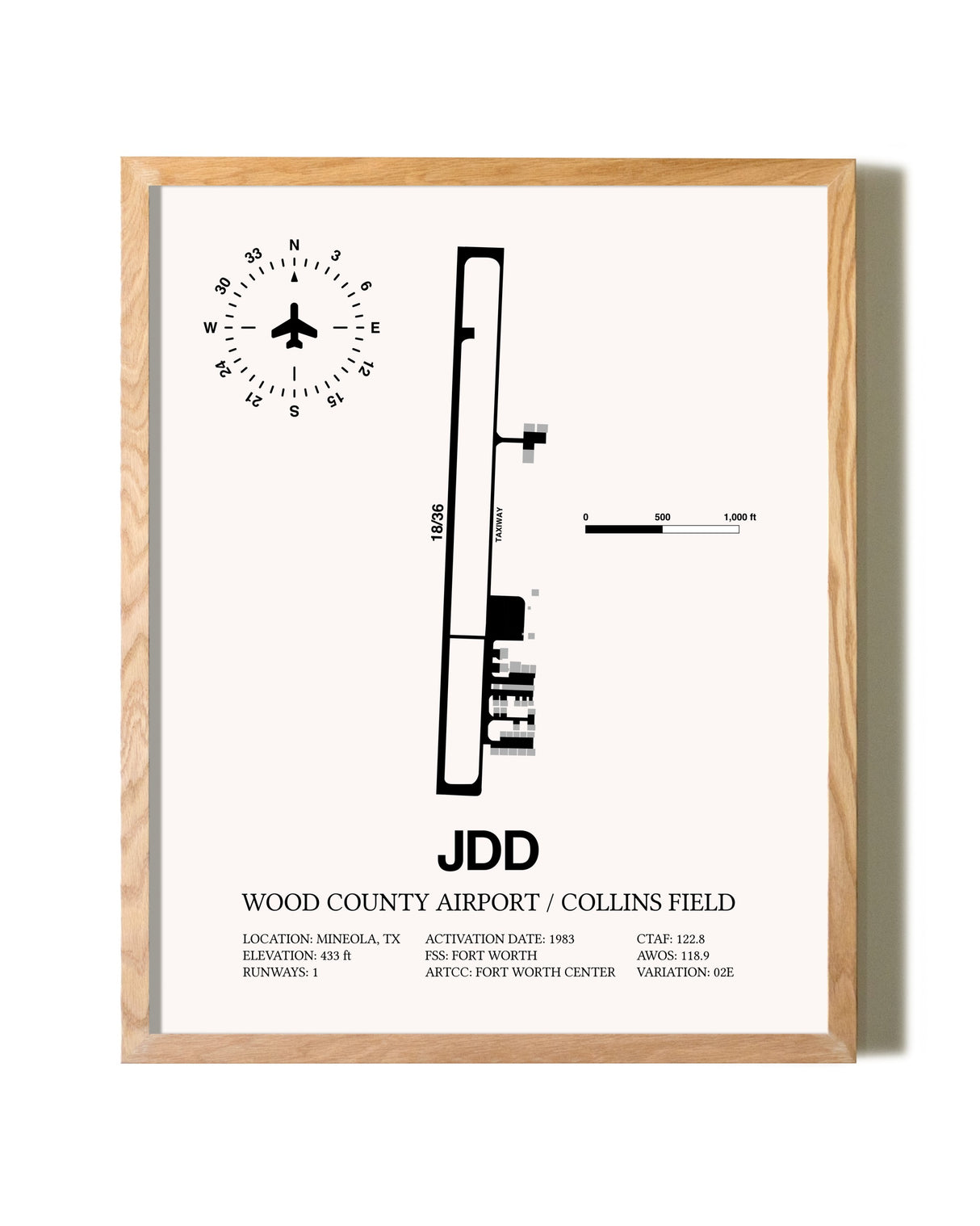 Wood County Airport / Collins Field framed print in natural wood frame