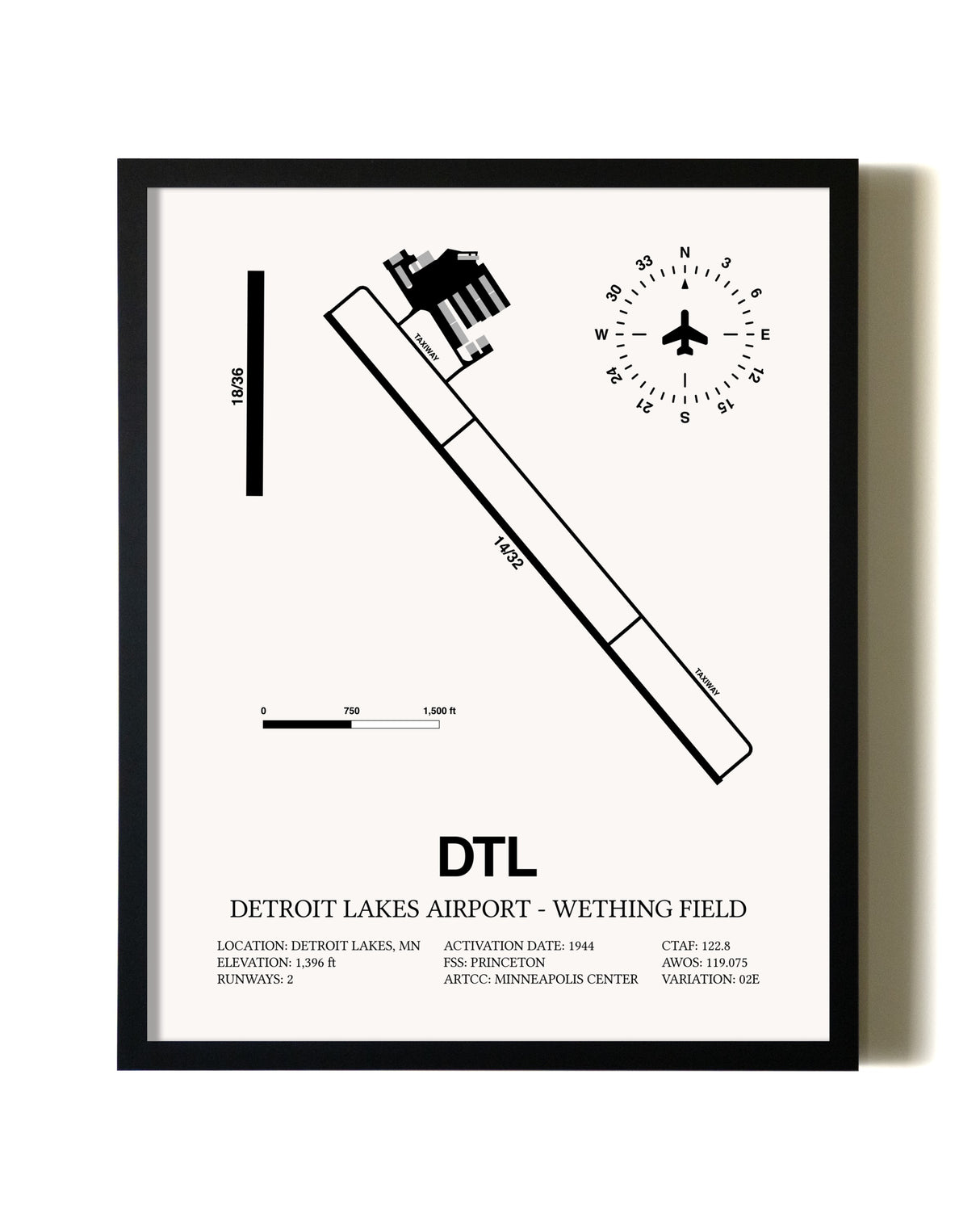 Framed Detroit Lakes Airport-Wething Field wall art poster in black frame
