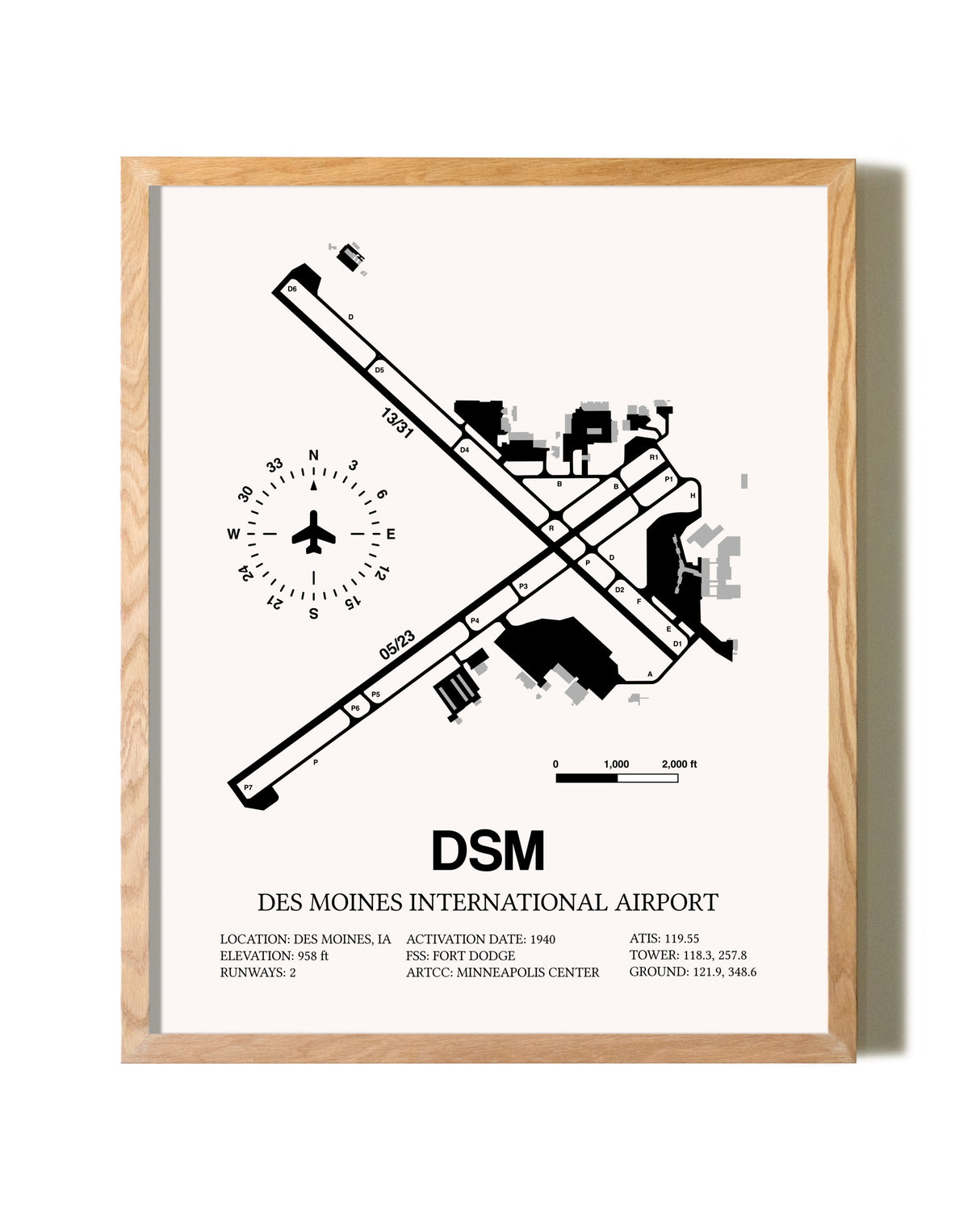 Des Moines International Airport framed print in natural wood frame