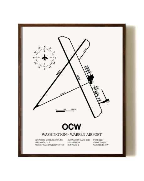 Washington-Warren Airport aviation print in walnut frame