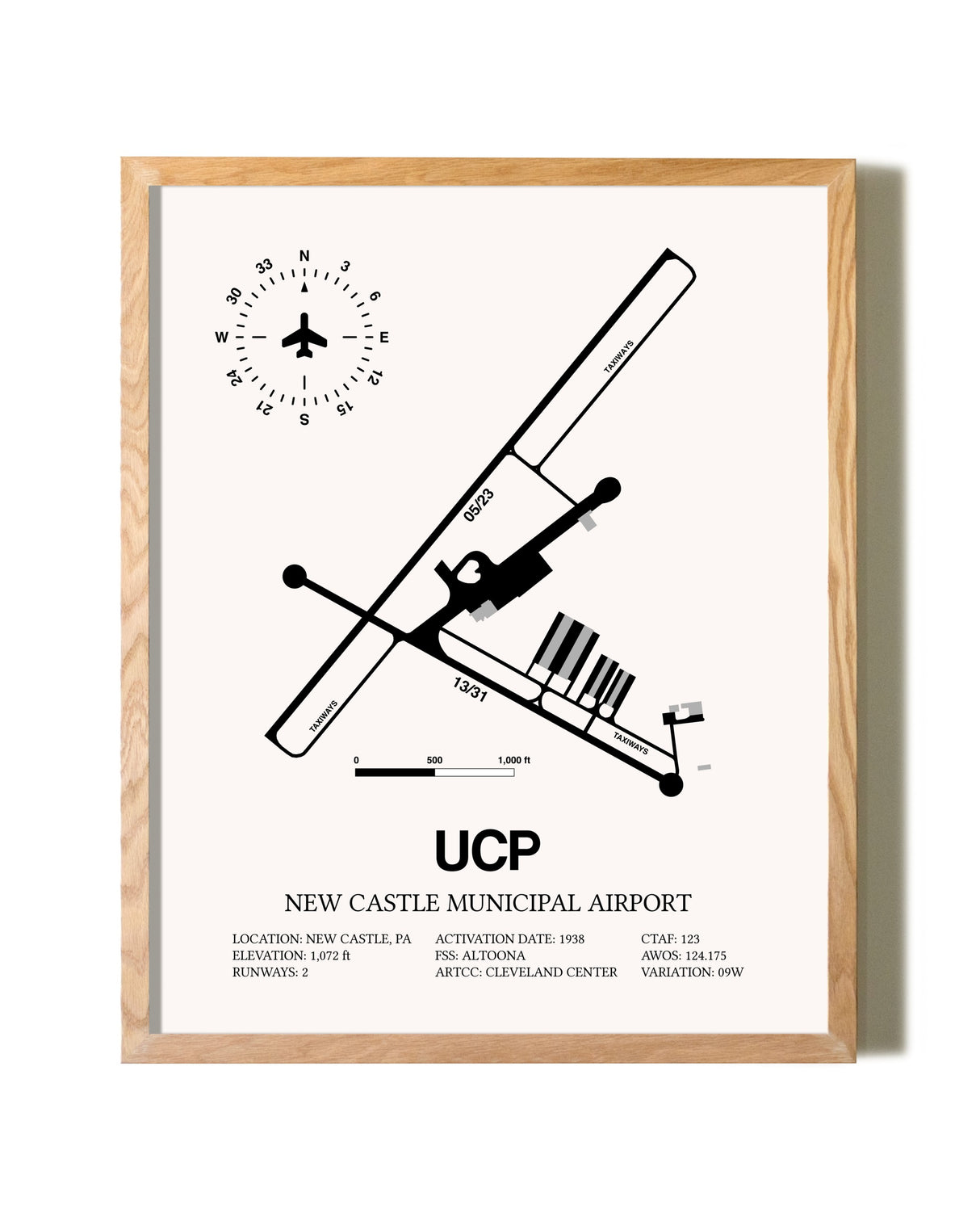 New Castle Municipal Airport framed print in natural wood frame