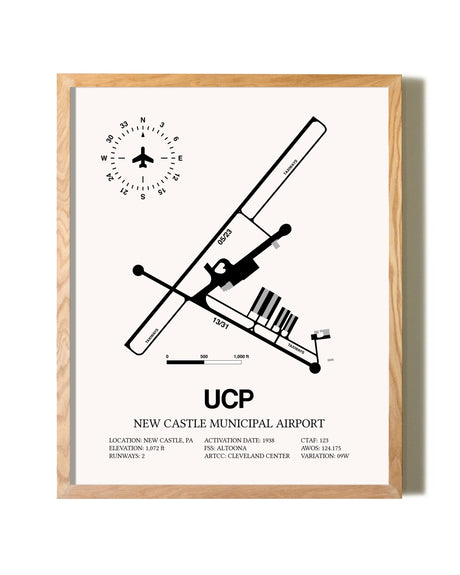 New Castle Municipal Airport framed print in natural wood frame