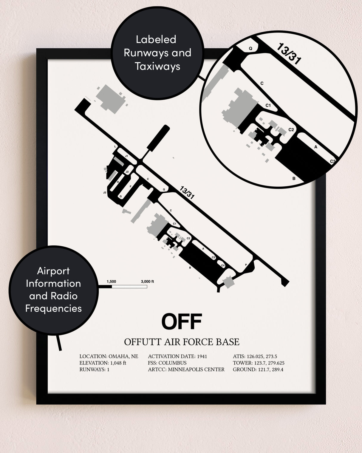 Framed Offutt Air Force Base layout wall art poster