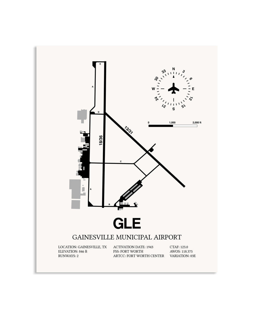Gray Gainesville Municipal Airport framed poster displayed in an airplane hangar
