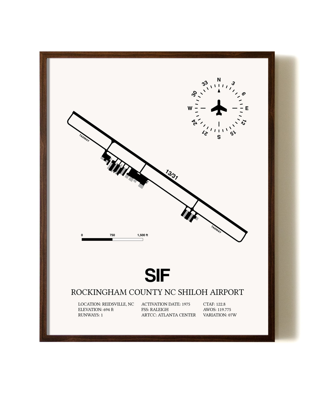 Rockingham County NC Shiloh Airport aviation print in walnut frame
