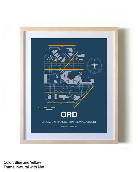 Chicago O'Hare International Airport framed print in natural wood frame with mat