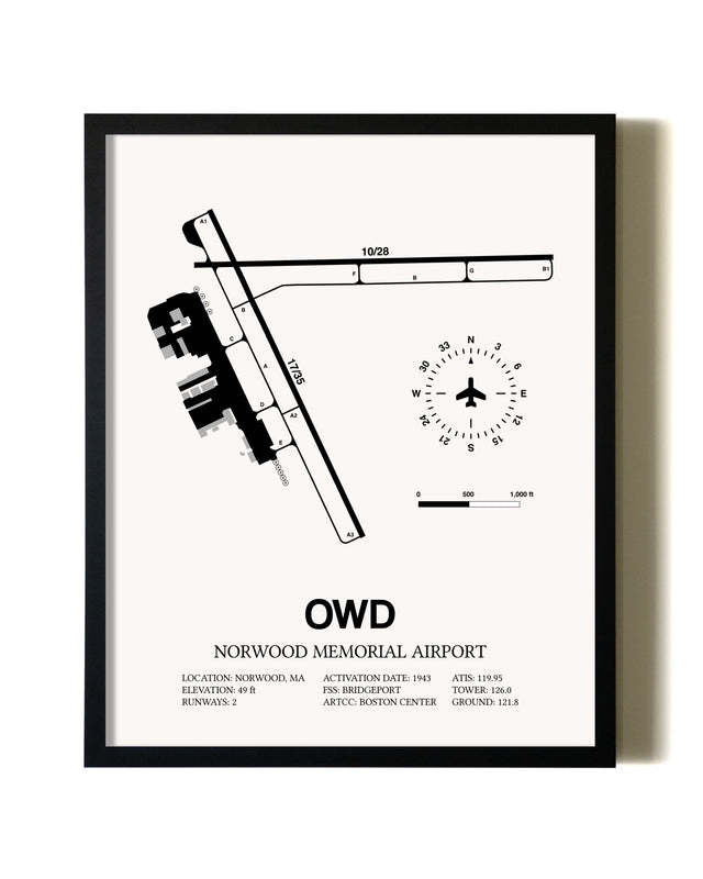 Framed Norwood Memorial Airport wall art poster in black frame