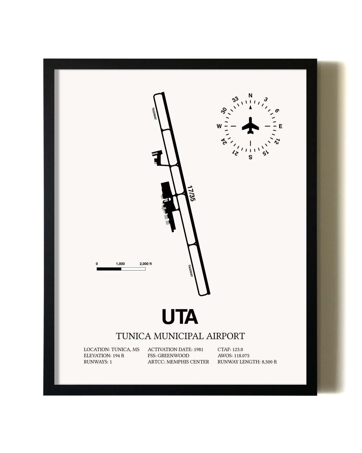 Framed Tunica Municipal Airport wall art poster in black frame