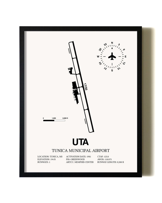 Framed Tunica Municipal Airport wall art poster in black frame