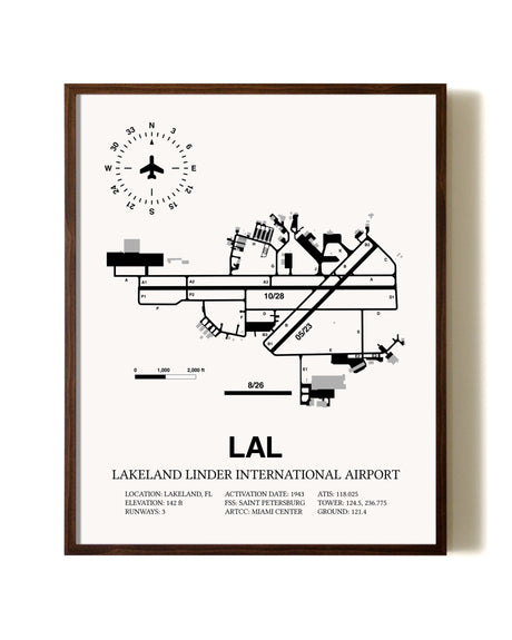 Lakeland Linder International Airport aviation print in walnut frame