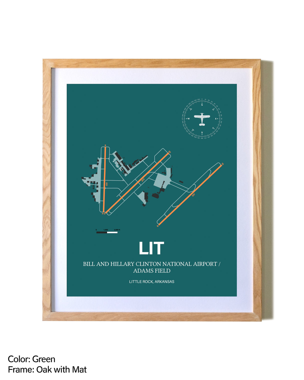 Bill and Hillary Clinton National Airport/Adams Field airport map poster in oak frame with mat
