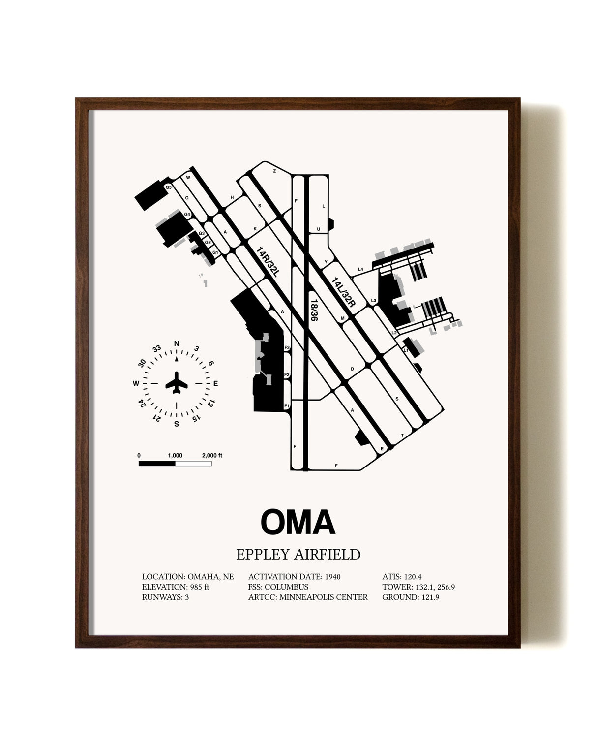 Eppley Airfield aviation print in walnut frame