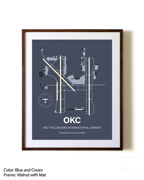 OKC Will Rogers International Airport aviation print in walnut frame with mat