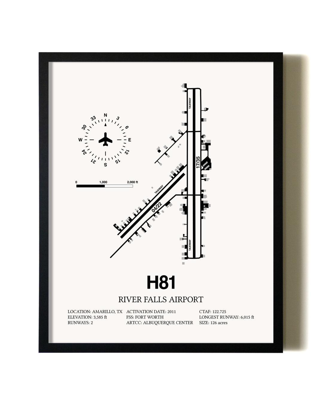 Framed River Falls Airport wall art poster in black frame