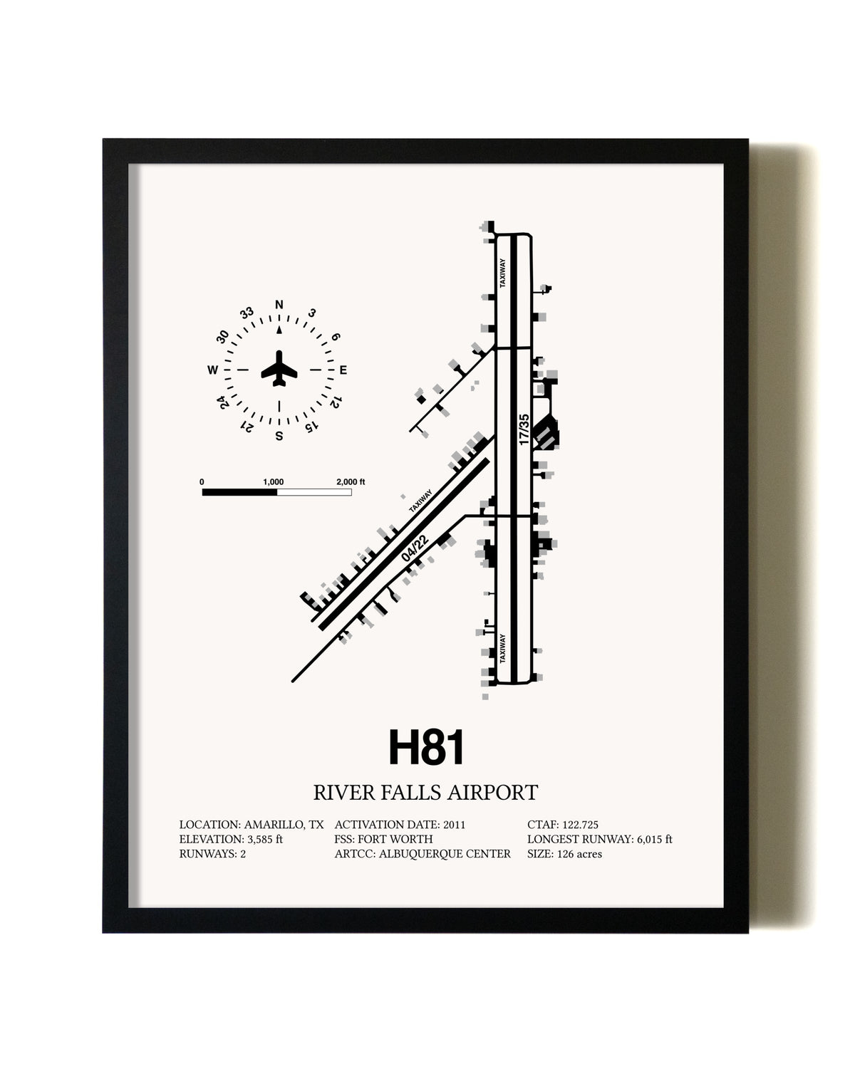 Framed River Falls Airport wall art poster in black frame