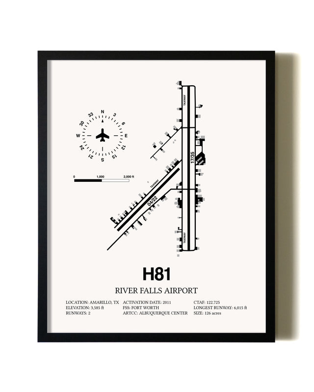 Framed River Falls Airport wall art poster in black frame