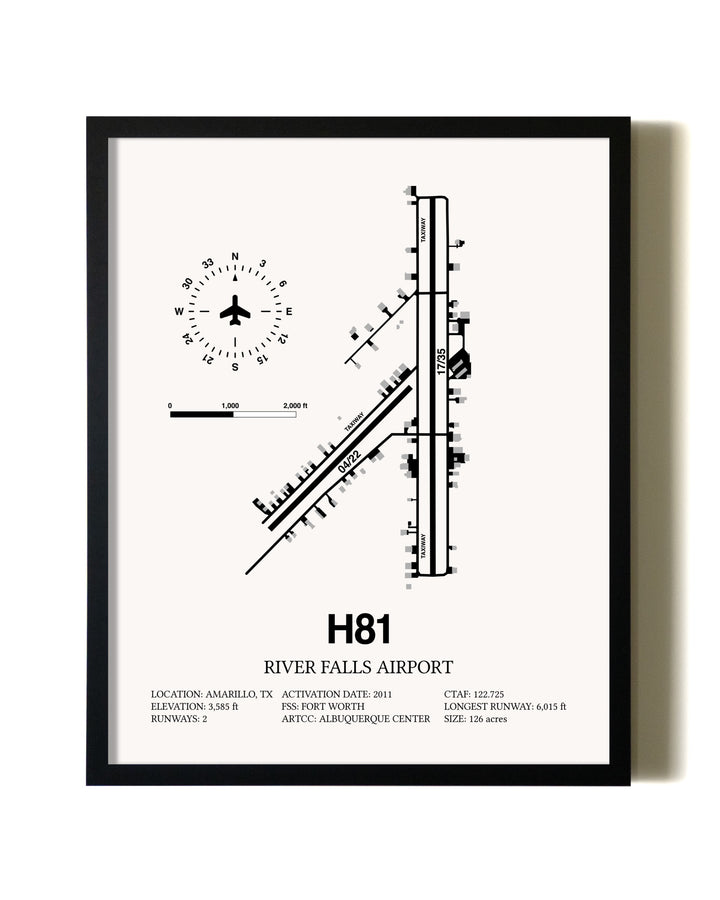 Framed River Falls Airport wall art poster in black frame