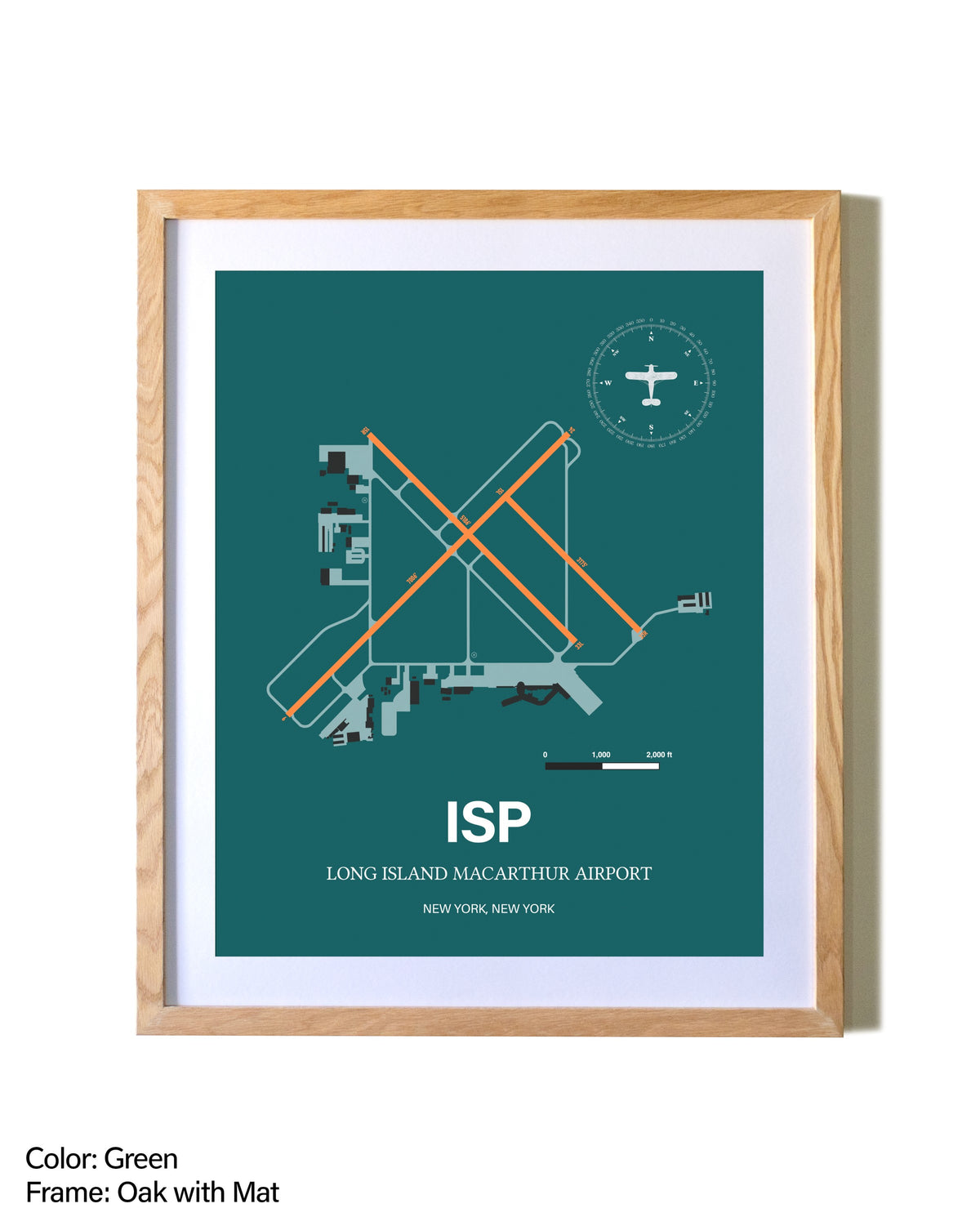 Long Island Mac Arthur Airport airport map poster in oak frame with mat
