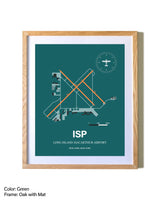 Long Island Mac Arthur Airport airport map poster in oak frame with mat