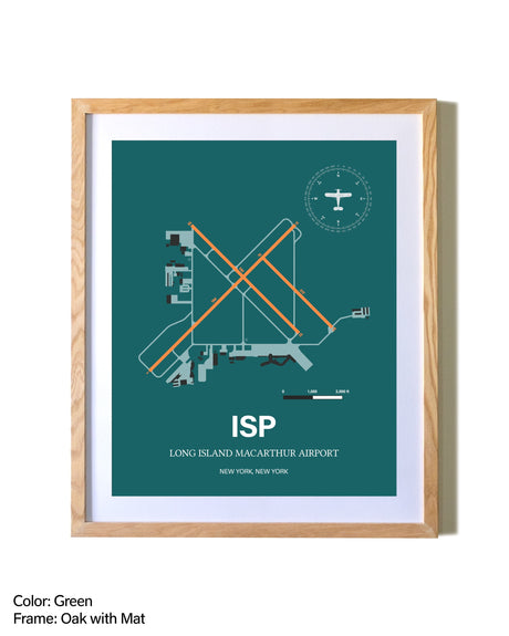 Long Island Mac Arthur Airport airport map poster in oak frame with mat