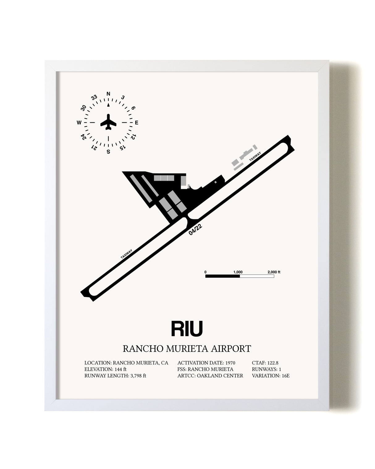 Rancho Murieta Airport airport map poster in oak frame