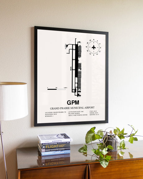 Grand Prairie Municipal Airport aviation wall décor in black wood frame