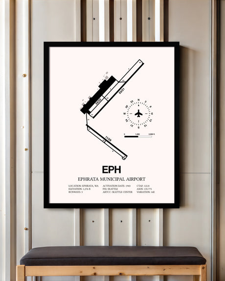 Ephrata Municipal Airport framed poster displayed in an airplane hangar