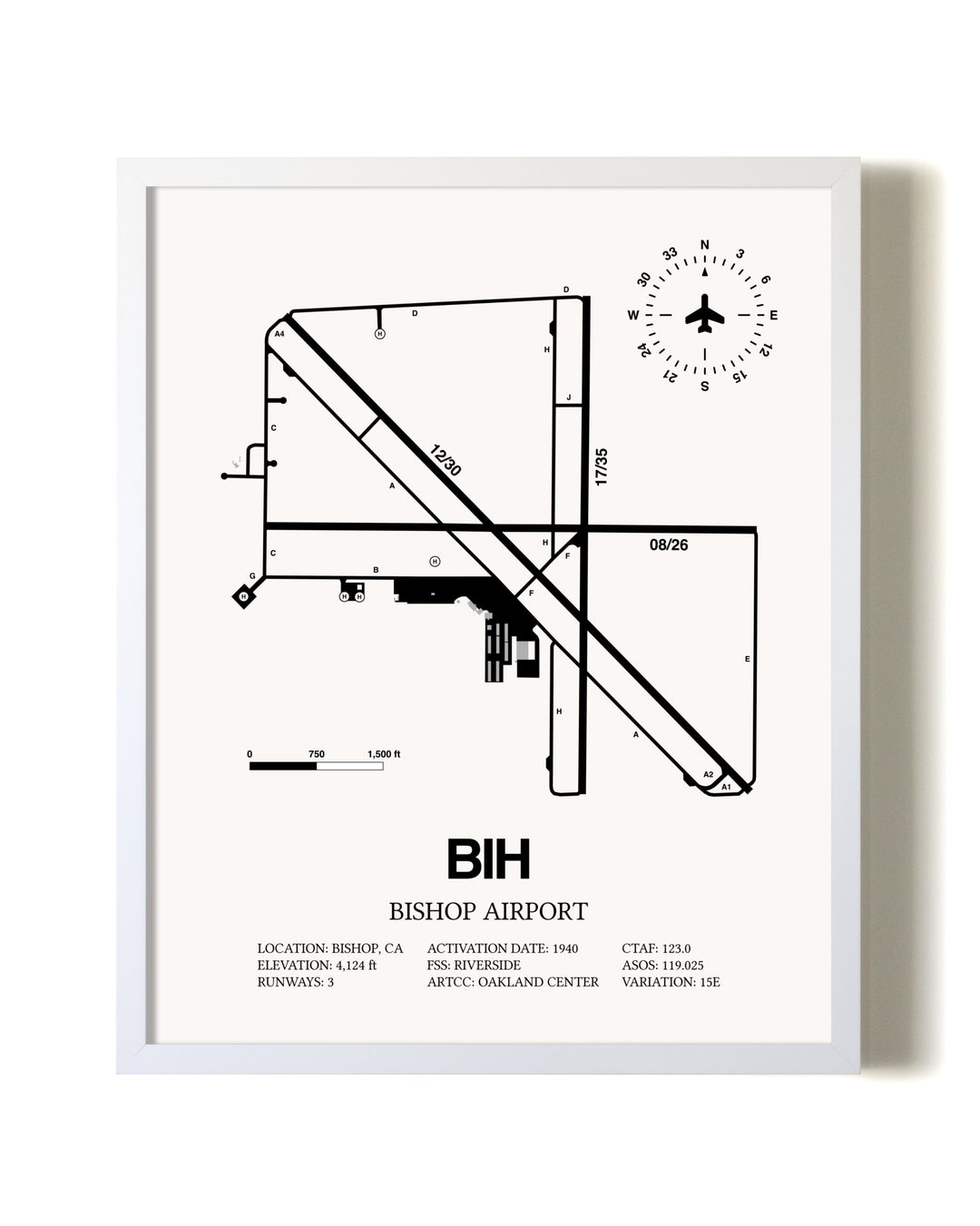 Bishop Airport airport map poster in oak frame