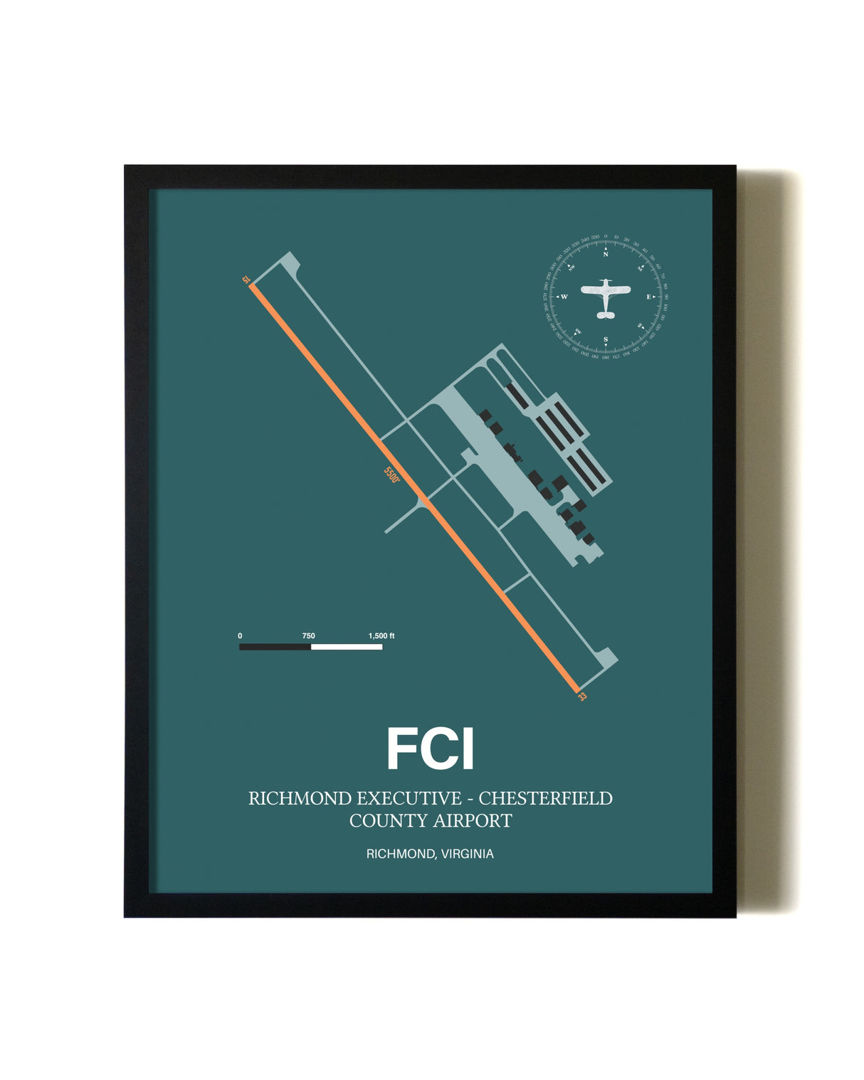 Green Richmond Executive-Chesterfield County Airport aviation wall décor in black wood frame